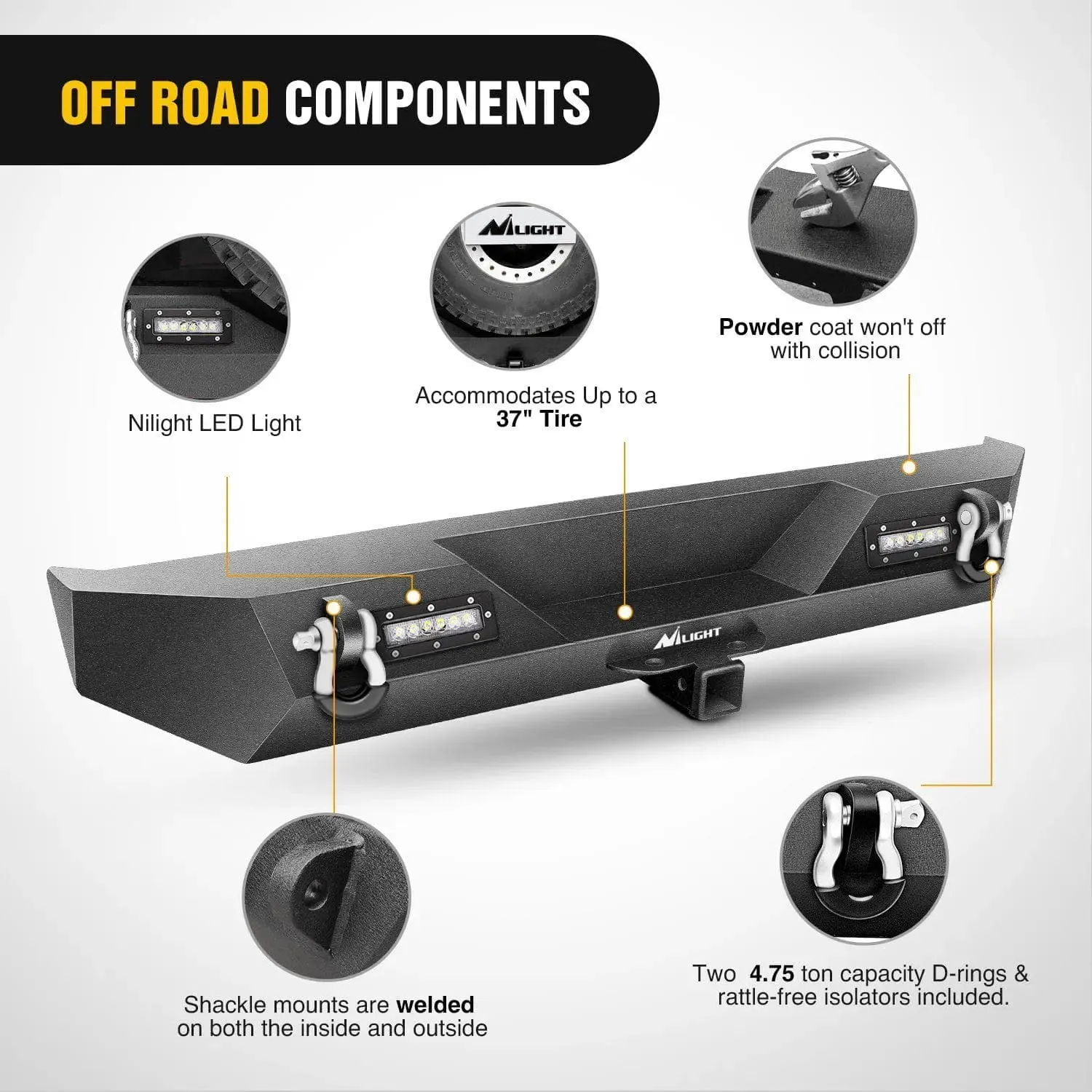 1987-2006 Jeep Wrangler TJ YJ Rear Bumper Rock Crawler Bumper with Hitch Receiver 2Pcs Upgraded 40W LED Lights Off Road Textured Black