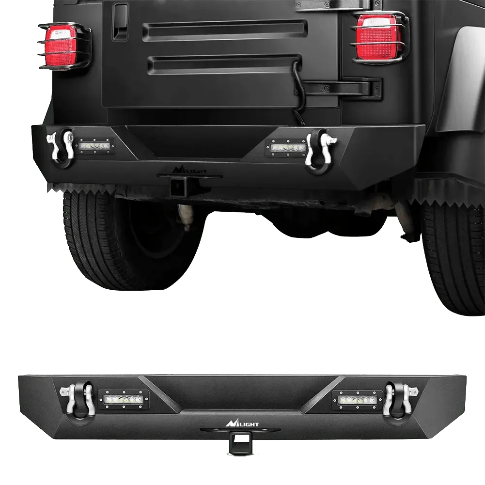 1987-2006 Jeep Wrangler TJ YJ Rear Bumper Rock Crawler Bumper with Hitch Receiver 2Pcs Upgraded 40W LED Lights Off Road Textured Black