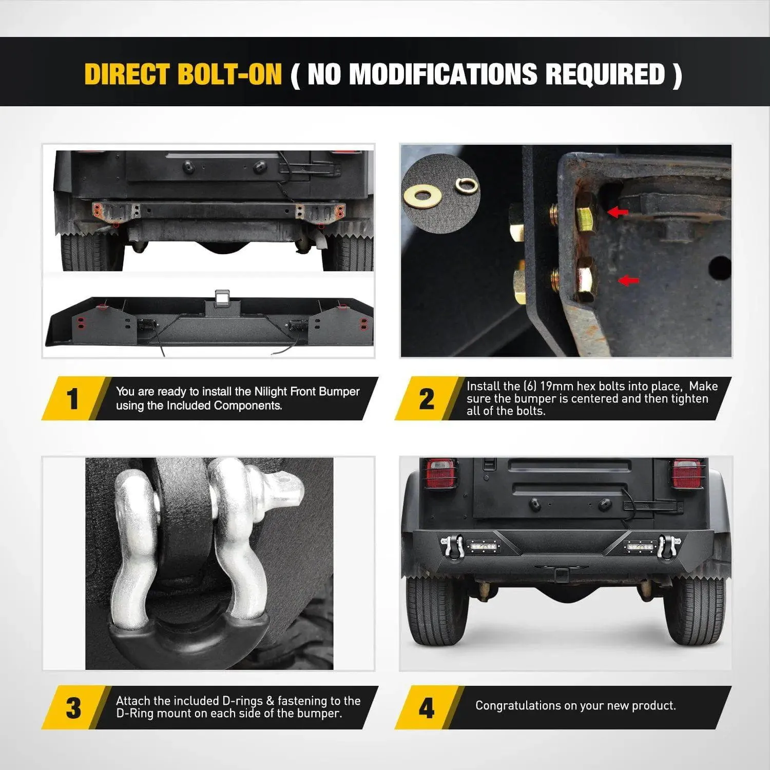 1987-2006 Jeep Wrangler TJ YJ Rear Bumper Rock Crawler Bumper with Hitch Receiver 2Pcs Upgraded 40W LED Lights Off Road Textured Black