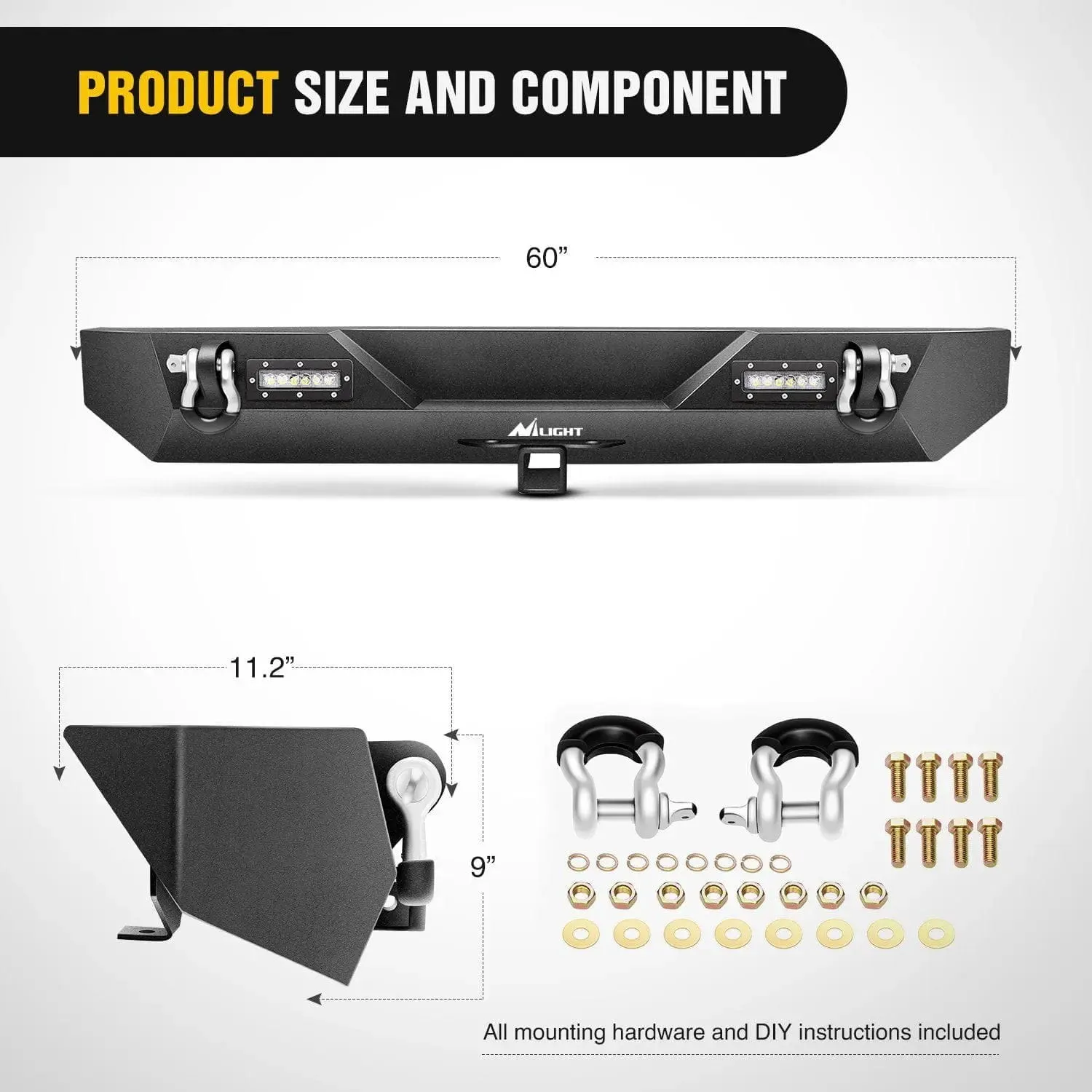 1987-2006 Jeep Wrangler TJ YJ Rear Bumper Rock Crawler Bumper with Hitch Receiver 2Pcs Upgraded 40W LED Lights Off Road Textured Black