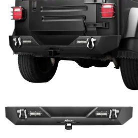1987-2006 Jeep Wrangler TJ YJ Rear Bumper Rock Crawler Bumper with Hitch Receiver 2Pcs Upgraded 40W LED Lights Off Road Textured Black