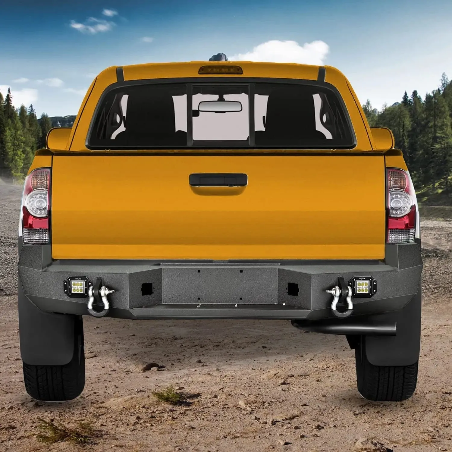 2005-2015 Toyota Tacoma Rear Step Bumper Full Width Textured Black Solid Steel 2Pcs Off-Road 18W Lights Pair D-Rings