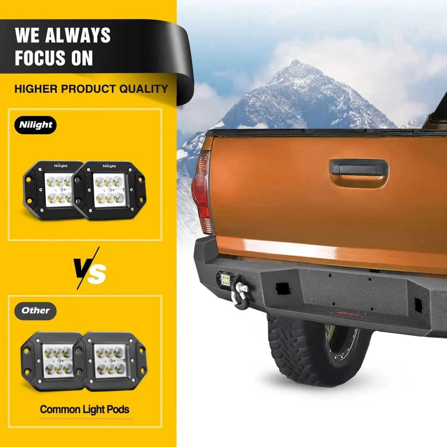 2005-2015 Toyota Tacoma Rear Step Bumper Full Width Textured Black Solid Steel 2Pcs Off-Road 18W Lights Pair D-Rings