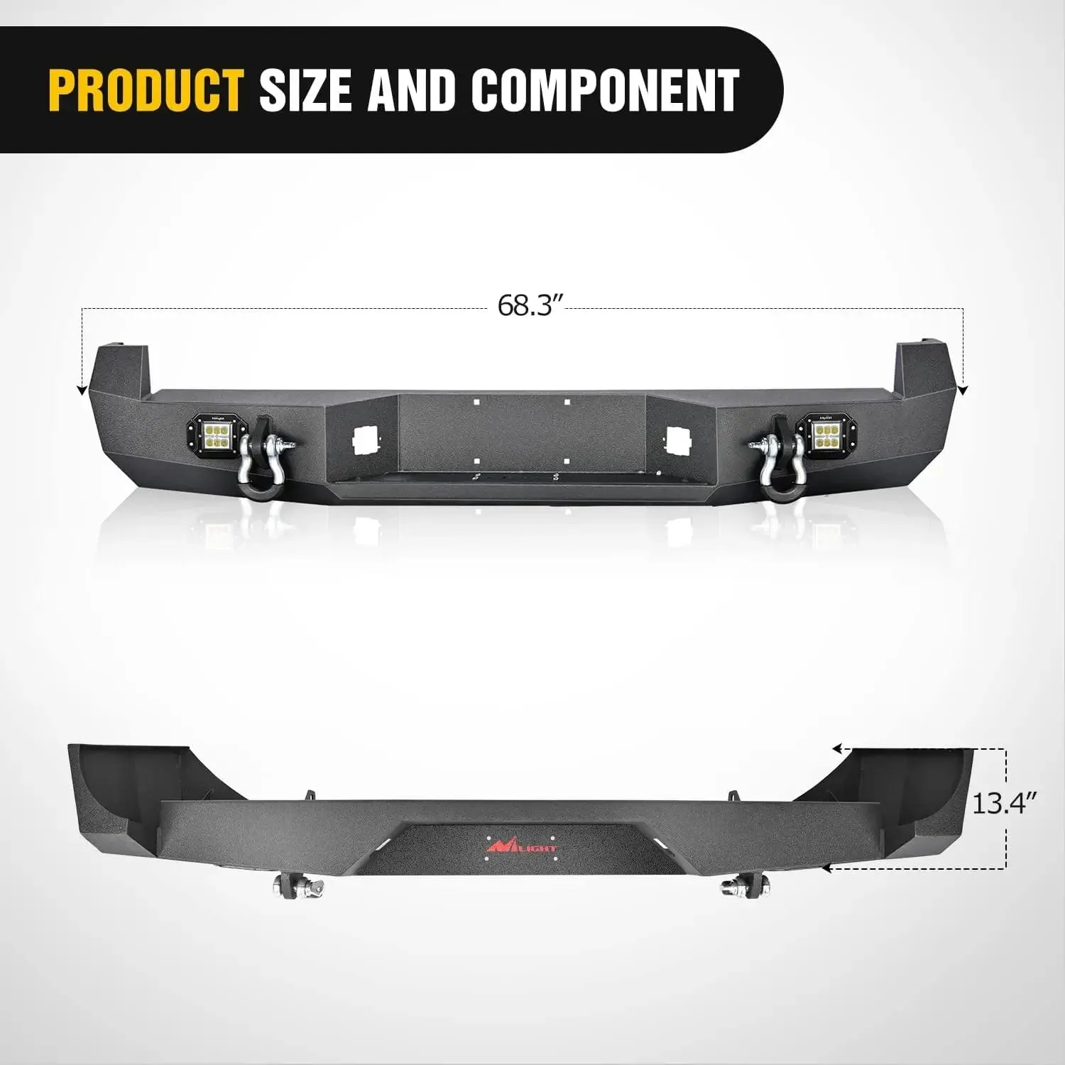 2005-2015 Toyota Tacoma Rear Step Bumper Full Width Textured Black Solid Steel 2Pcs Off-Road 18W Lights Pair D-Rings