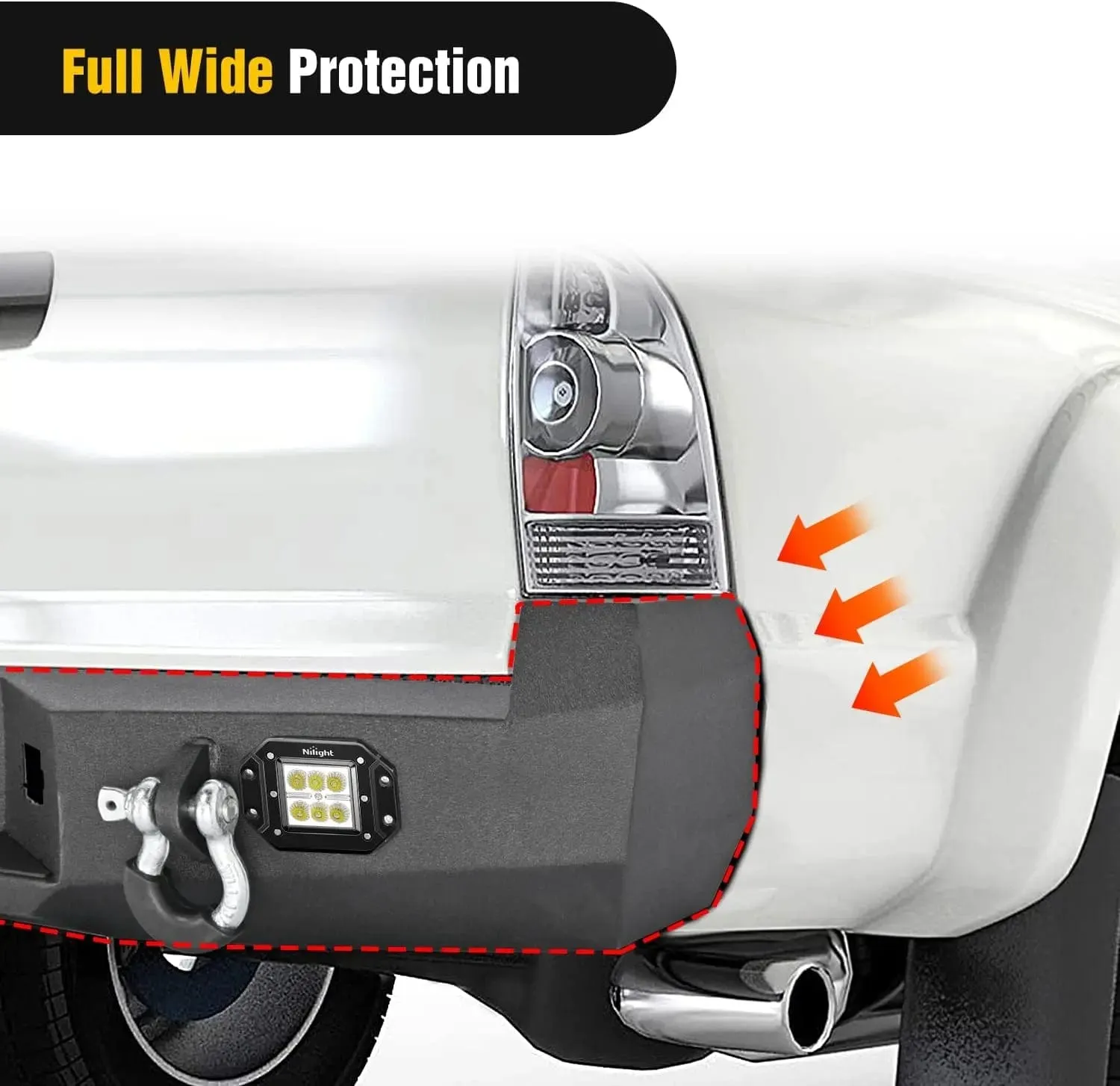 2005-2015 Toyota Tacoma Rear Step Bumper Full Width Textured Black Solid Steel 2Pcs Off-Road 18W Lights Pair D-Rings