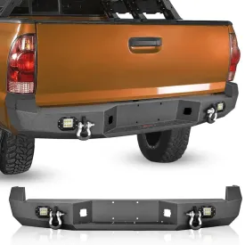 2005-2015 Toyota Tacoma Rear Step Bumper Full Width Textured Black Solid Steel 2Pcs Off-Road 18W Lights Pair D-Rings