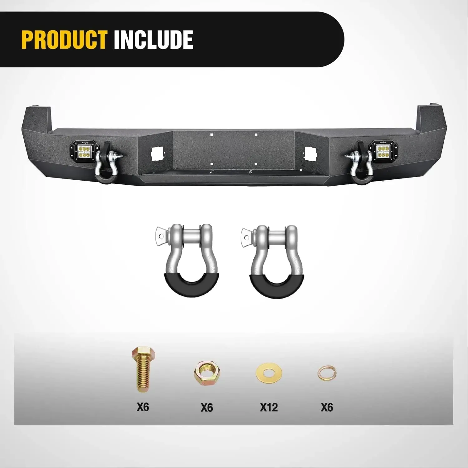 2005-2015 Toyota Tacoma Rear Step Bumper Full Width Textured Black Solid Steel 2Pcs Off-Road 18W Lights Pair D-Rings