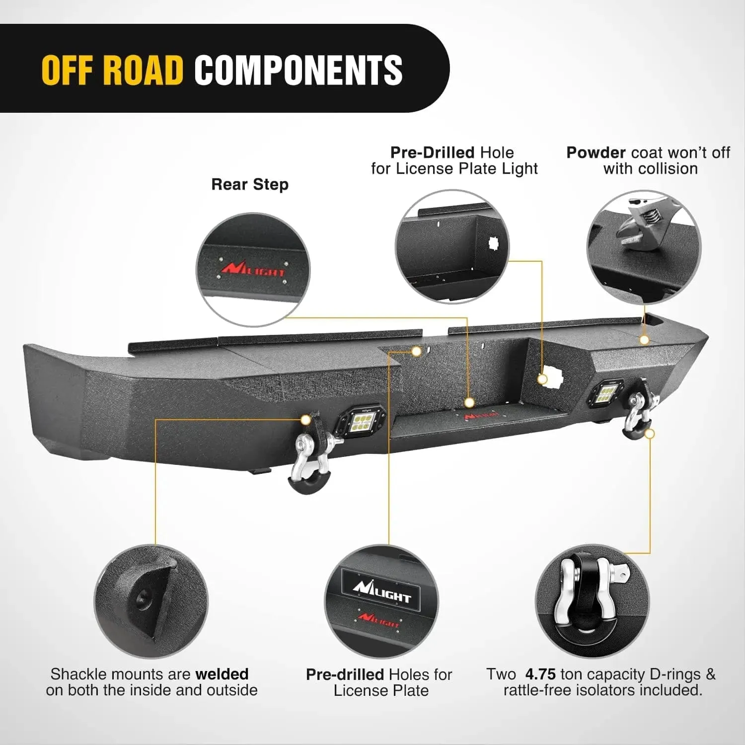 2007-2013 Toyota Tundra Rear Step Bumper Full Width Textured Black Solid Steel Off-Road with 2Pcs Upgraded 18W LED Lights D-Rings