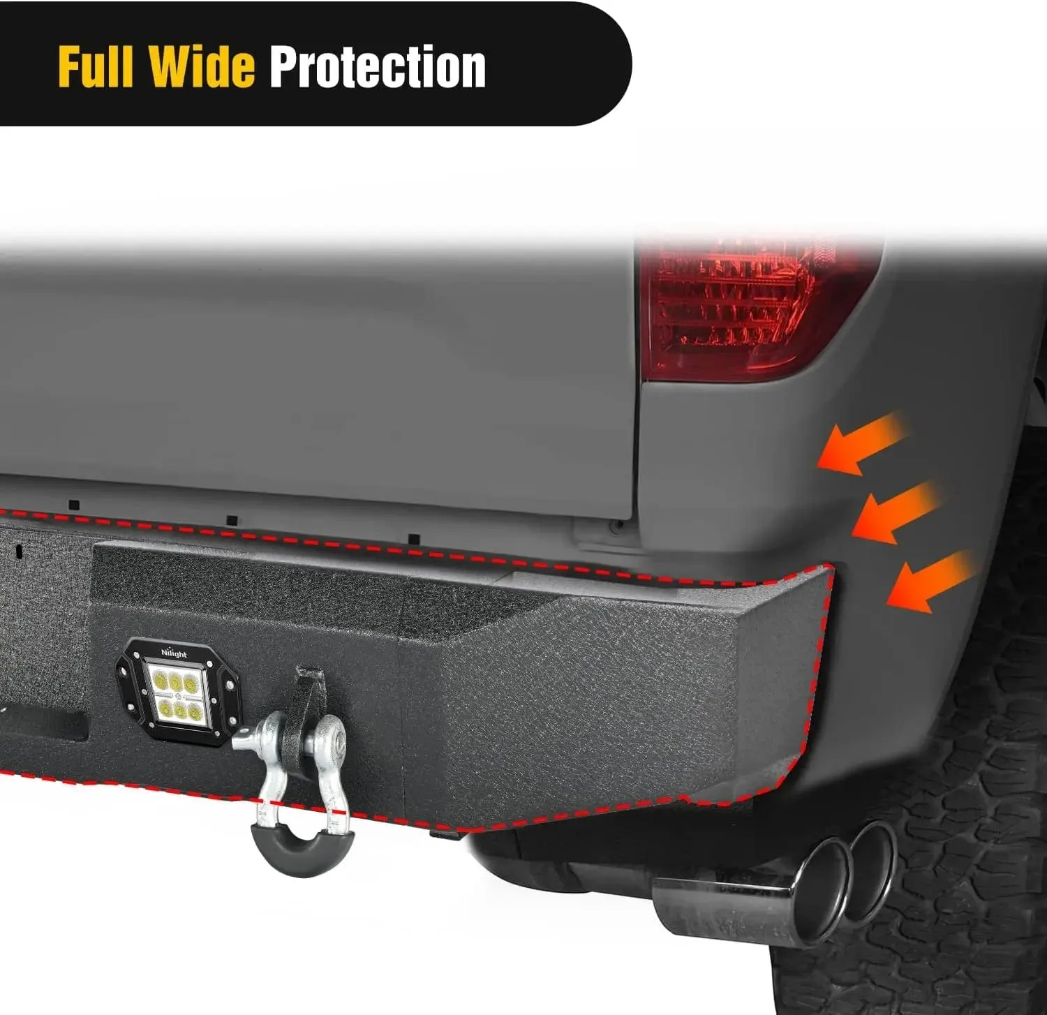 2007-2013 Toyota Tundra Rear Step Bumper Full Width Textured Black Solid Steel Off-Road with 2Pcs Upgraded 18W LED Lights D-Rings