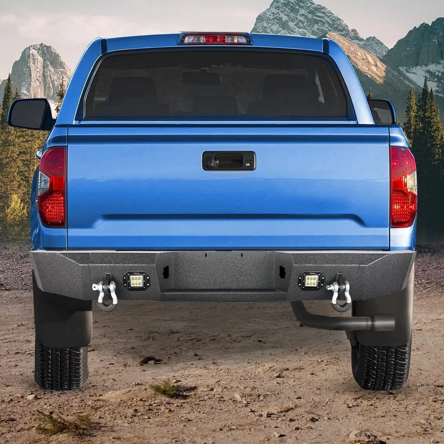 2007-2013 Toyota Tundra Rear Step Bumper Full Width Textured Black Solid Steel Off-Road with 2Pcs Upgraded 18W LED Lights D-Rings