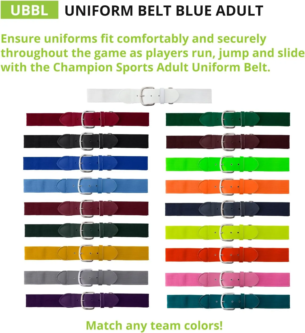 Champion Sports Baseball/Softball Uniform Belt, Comfort Stretch Fit - Durable Syntex Tab, Youth & Adult Sizes