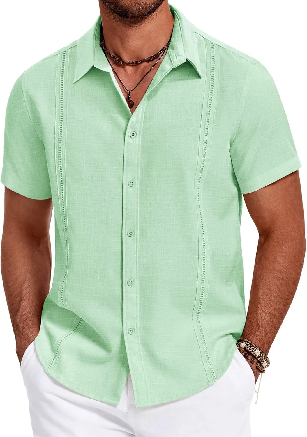COOFANDY Men's Cuban Guayabera Summer Beach Short Sleeve Casual Vacation Wedding Shirt