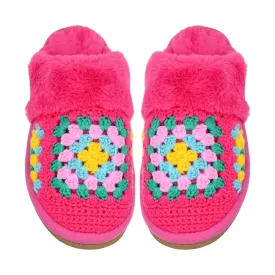 Crochet Granny Square Fur Cuff Slippers - Fuchsia