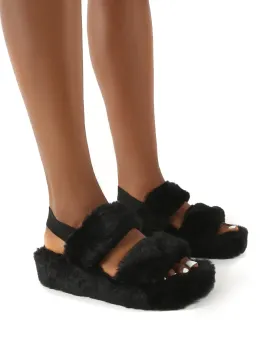 Dawn Black Strap Back Faux Fur Fluffy Slippers
