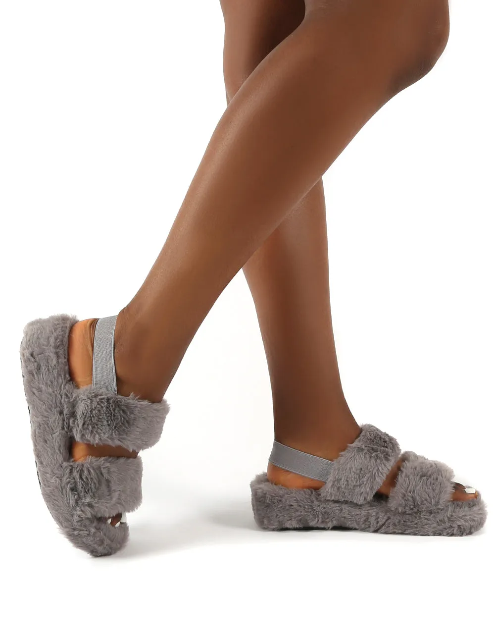 Dawn Grey Strap Back Faux Fur Fluffy Slippers
