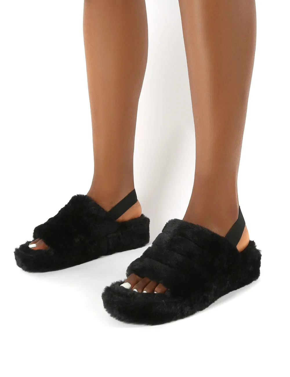 Dreams Black Strap Back Faux Fur Fluffy Slippers