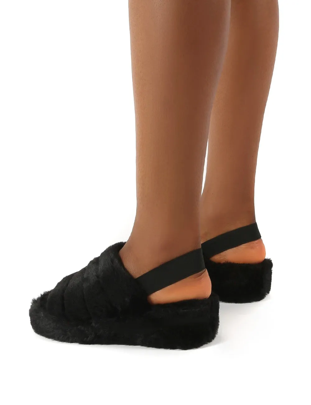 Dreams Black Strap Back Faux Fur Fluffy Slippers