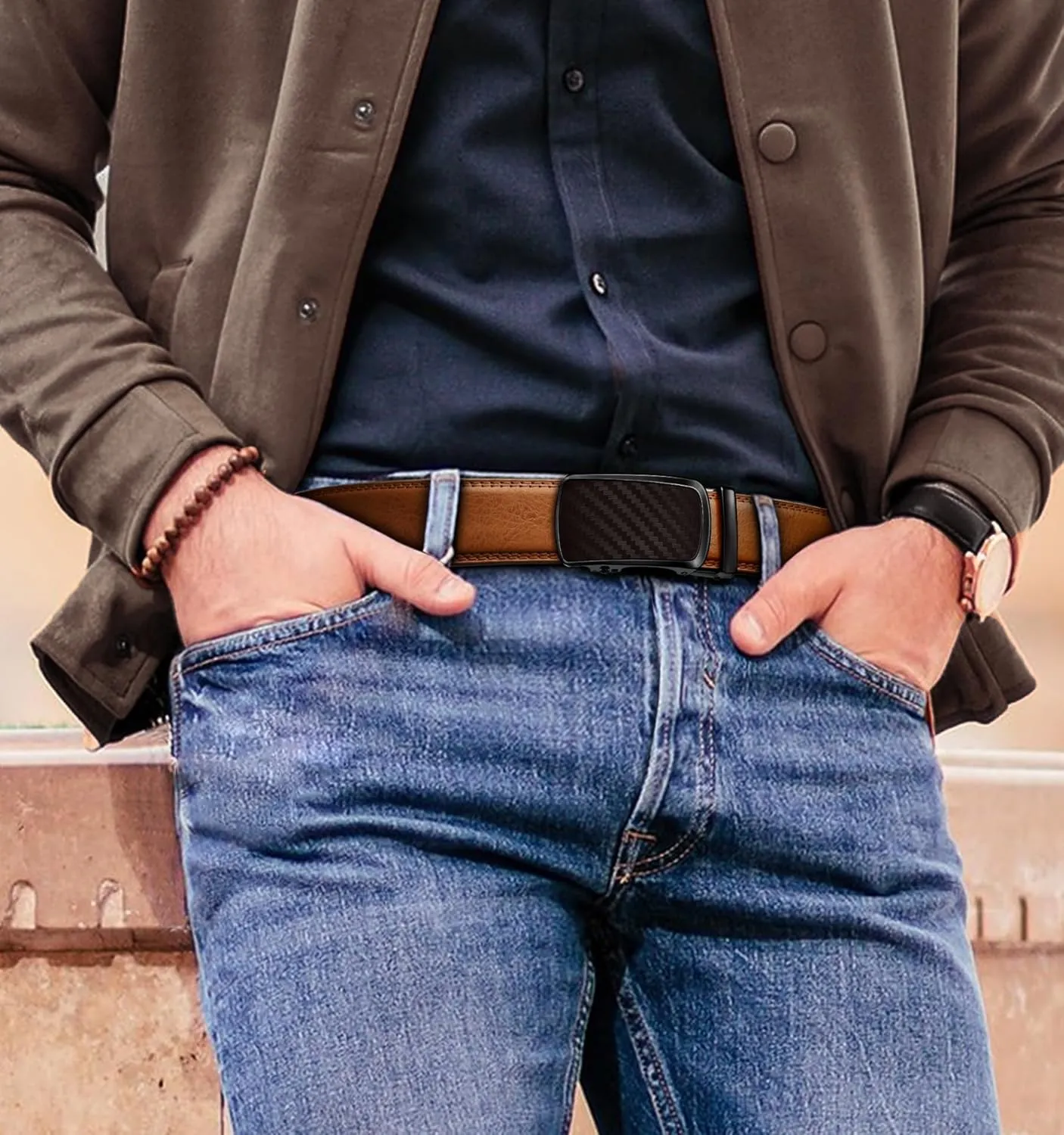 KEMISANT Ratchet Belt For Men 2 Pack,Slide Leather Belt Adjustable For Gift Men Dress Casual Pants Jeans-Cut For Fit