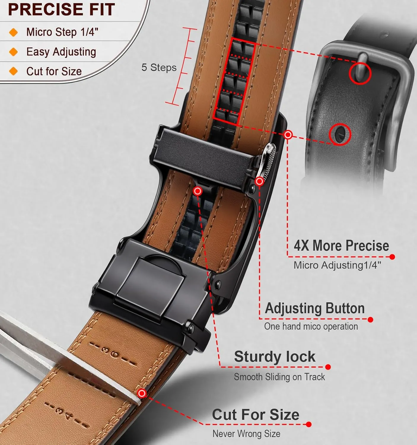 KEMISANT Ratchet Belt For Men 2 Pack,Slide Leather Belt Adjustable For Gift Men Dress Casual Pants Jeans-Cut For Fit