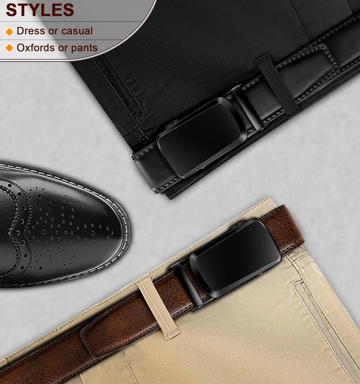 KEMISANT Ratchet Belt For Men 2 Pack,Slide Leather Belt Adjustable For Gift Men Dress Casual Pants Jeans-Cut For Fit