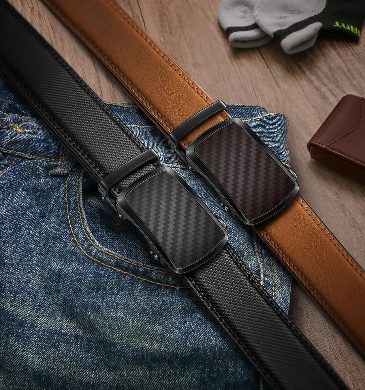 KEMISANT Ratchet Belt For Men 2 Pack,Slide Leather Belt Adjustable For Gift Men Dress Casual Pants Jeans-Cut For Fit