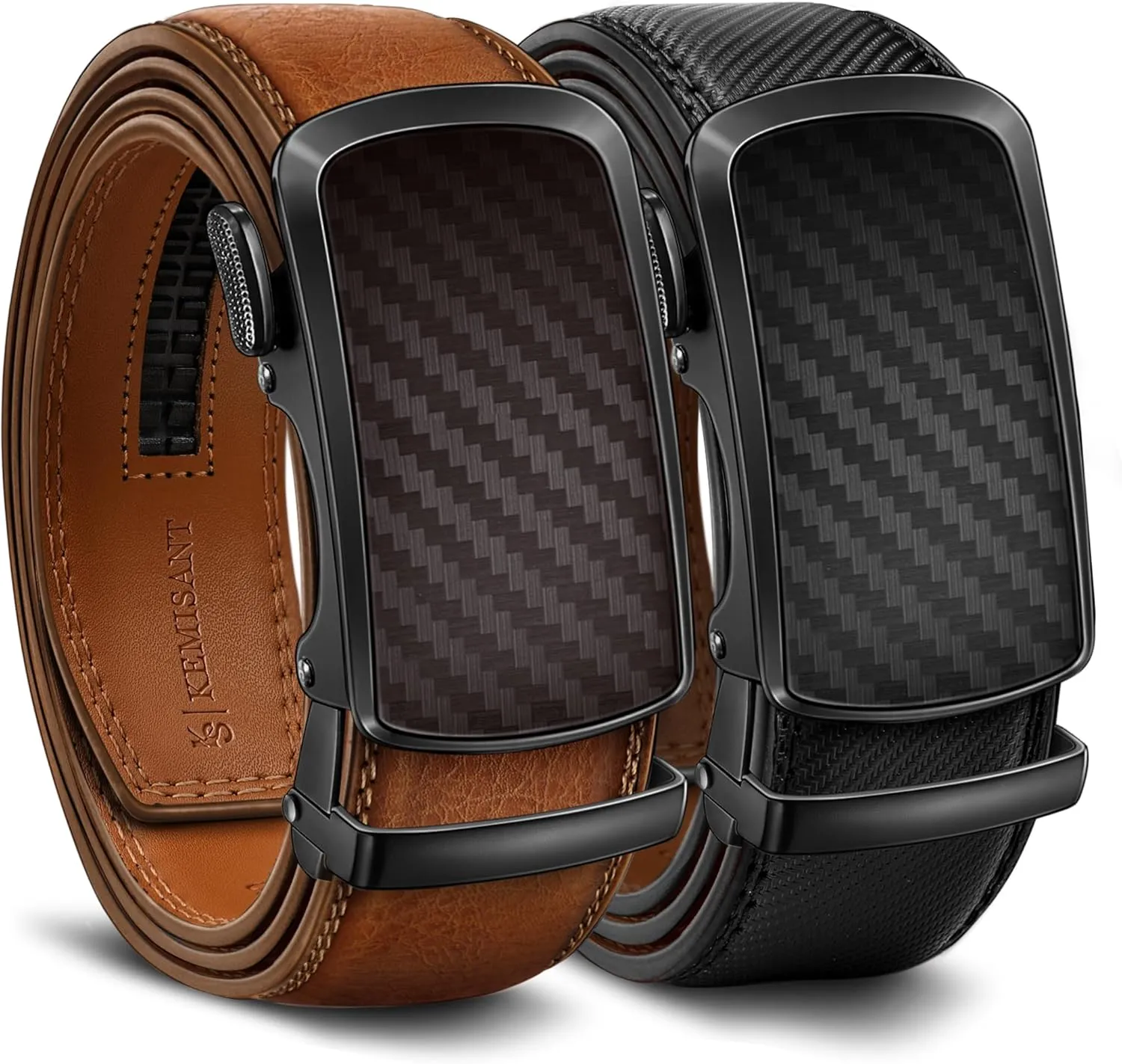 KEMISANT Ratchet Belt For Men 2 Pack,Slide Leather Belt Adjustable For Gift Men Dress Casual Pants Jeans-Cut For Fit