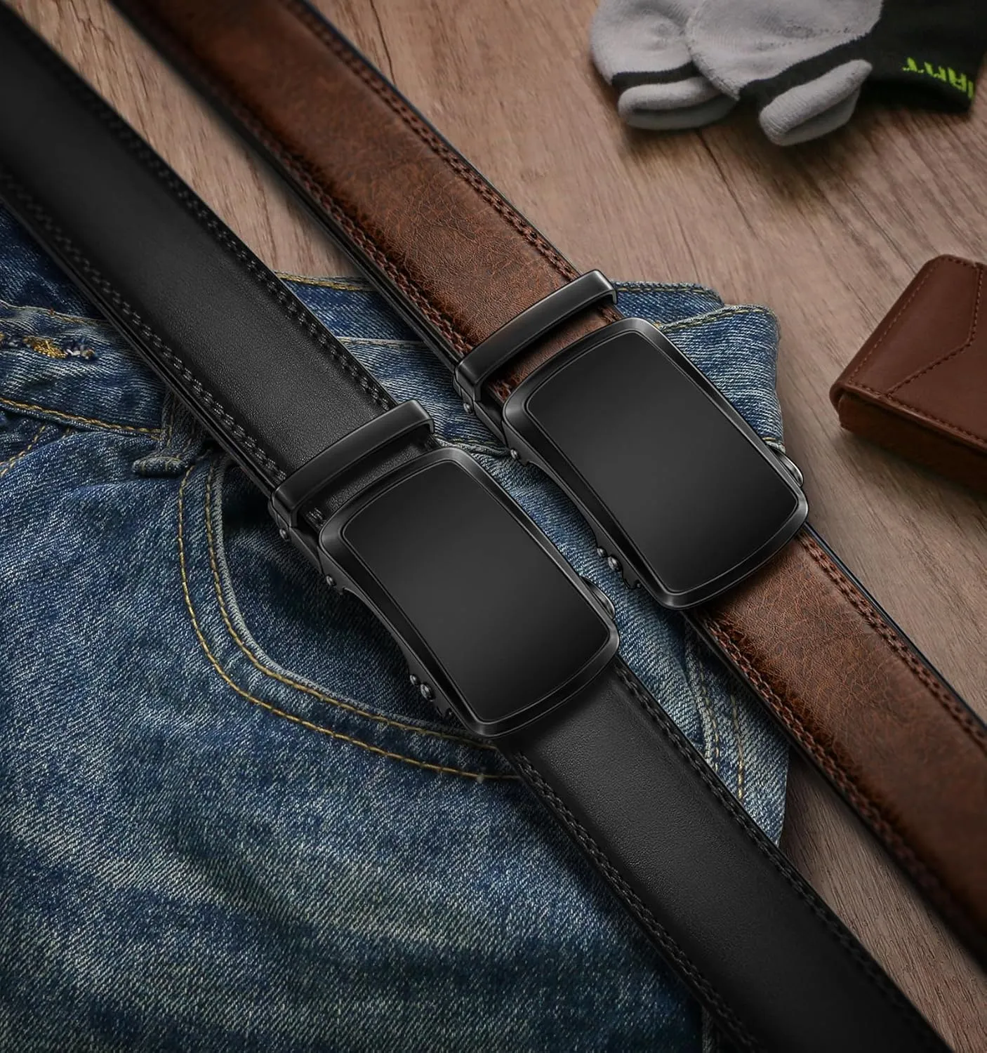 KEMISANT Ratchet Belt For Men 2 Pack,Slide Leather Belt Adjustable For Gift Men Dress Casual Pants Jeans-Cut For Fit