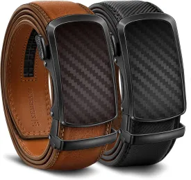 KEMISANT Ratchet Belt For Men 2 Pack,Slide Leather Belt Adjustable For Gift Men Dress Casual Pants Jeans-Cut For Fit