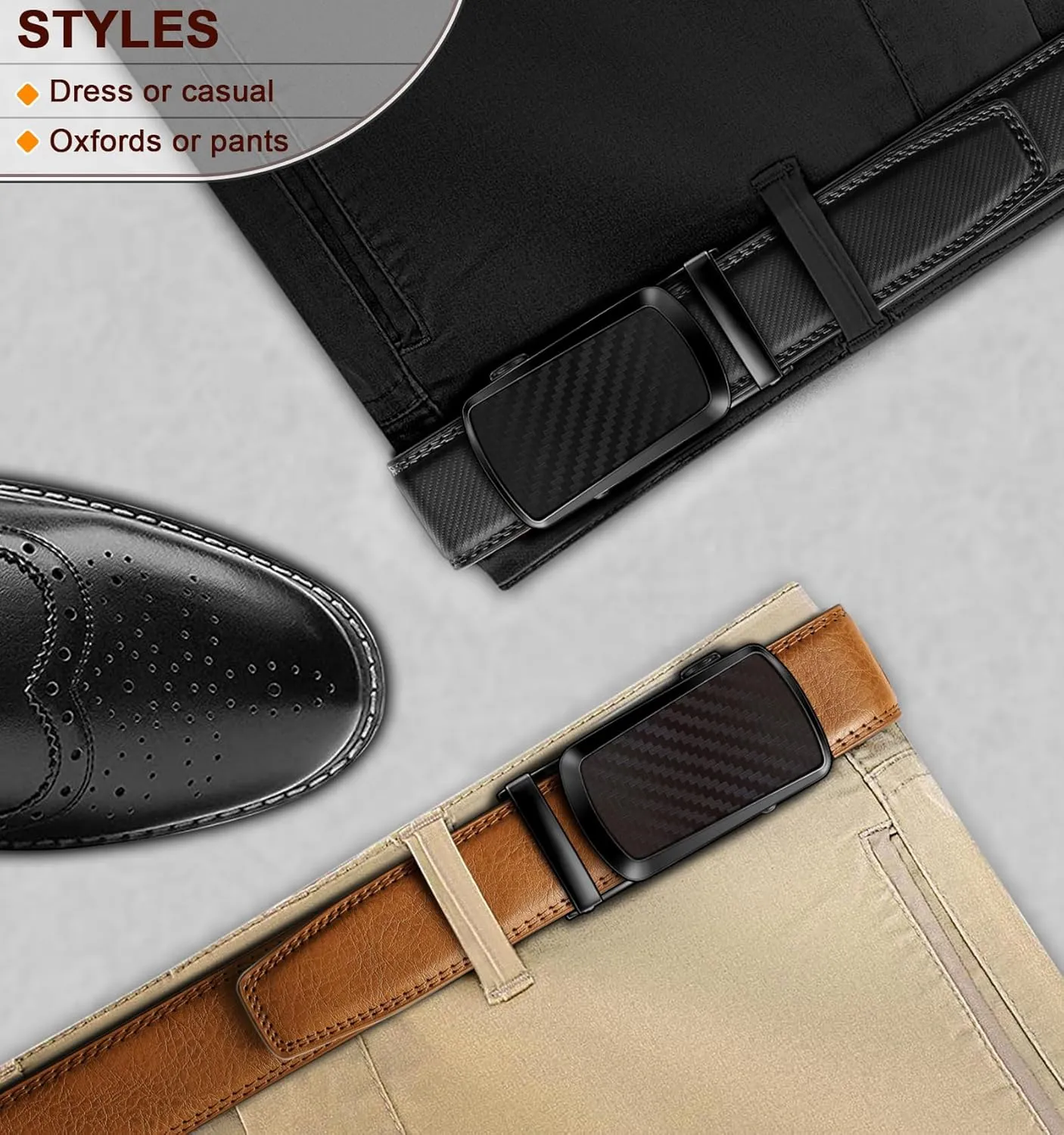 KEMISANT Ratchet Belt For Men 2 Pack,Slide Leather Belt Adjustable For Gift Men Dress Casual Pants Jeans-Cut For Fit