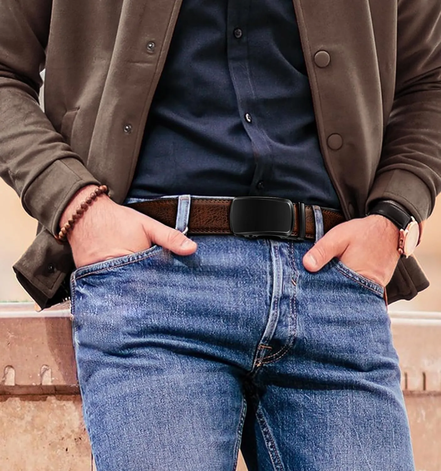 KEMISANT Ratchet Belt For Men 2 Pack,Slide Leather Belt Adjustable For Gift Men Dress Casual Pants Jeans-Cut For Fit