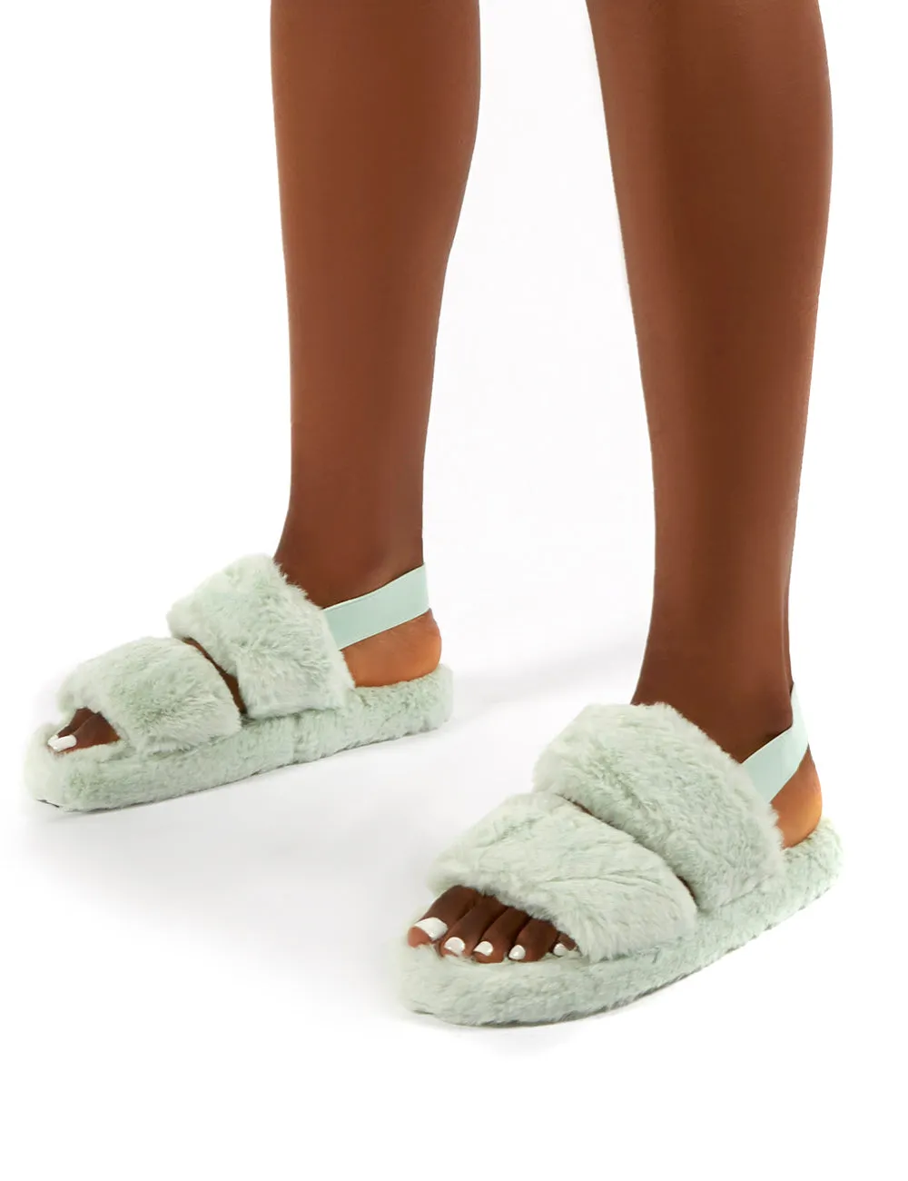 Lullaby Mint Fluffy Strap Back Slippers