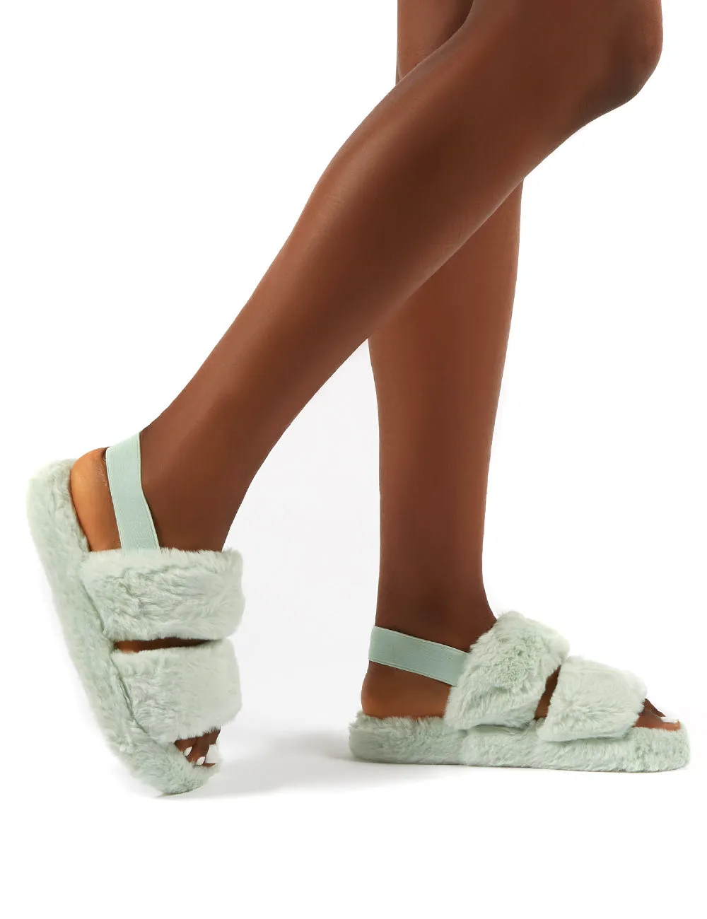 Lullaby Mint Fluffy Strap Back Slippers