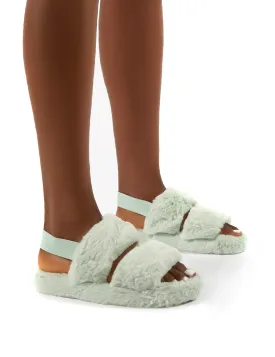 Lullaby Mint Fluffy Strap Back Slippers