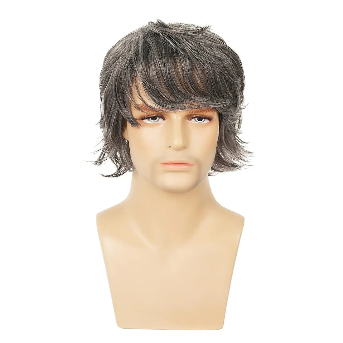 Mens Grey Wig - Short Layered Natural Fluffy Synthetic Heat Resistant Halloween Cosplay Hair