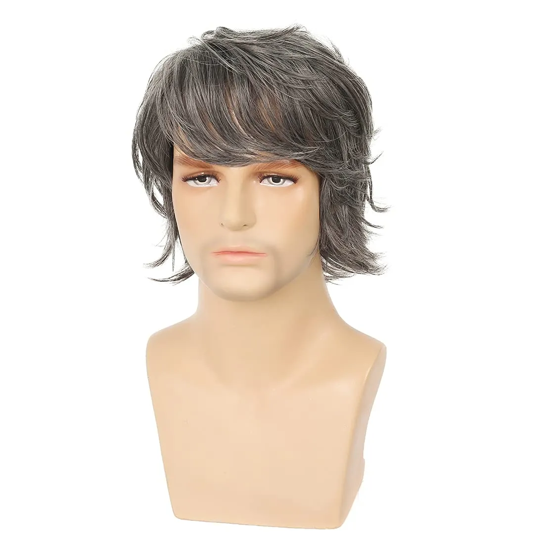 Mens Grey Wig - Short Layered Natural Fluffy Synthetic Heat Resistant Halloween Cosplay Hair