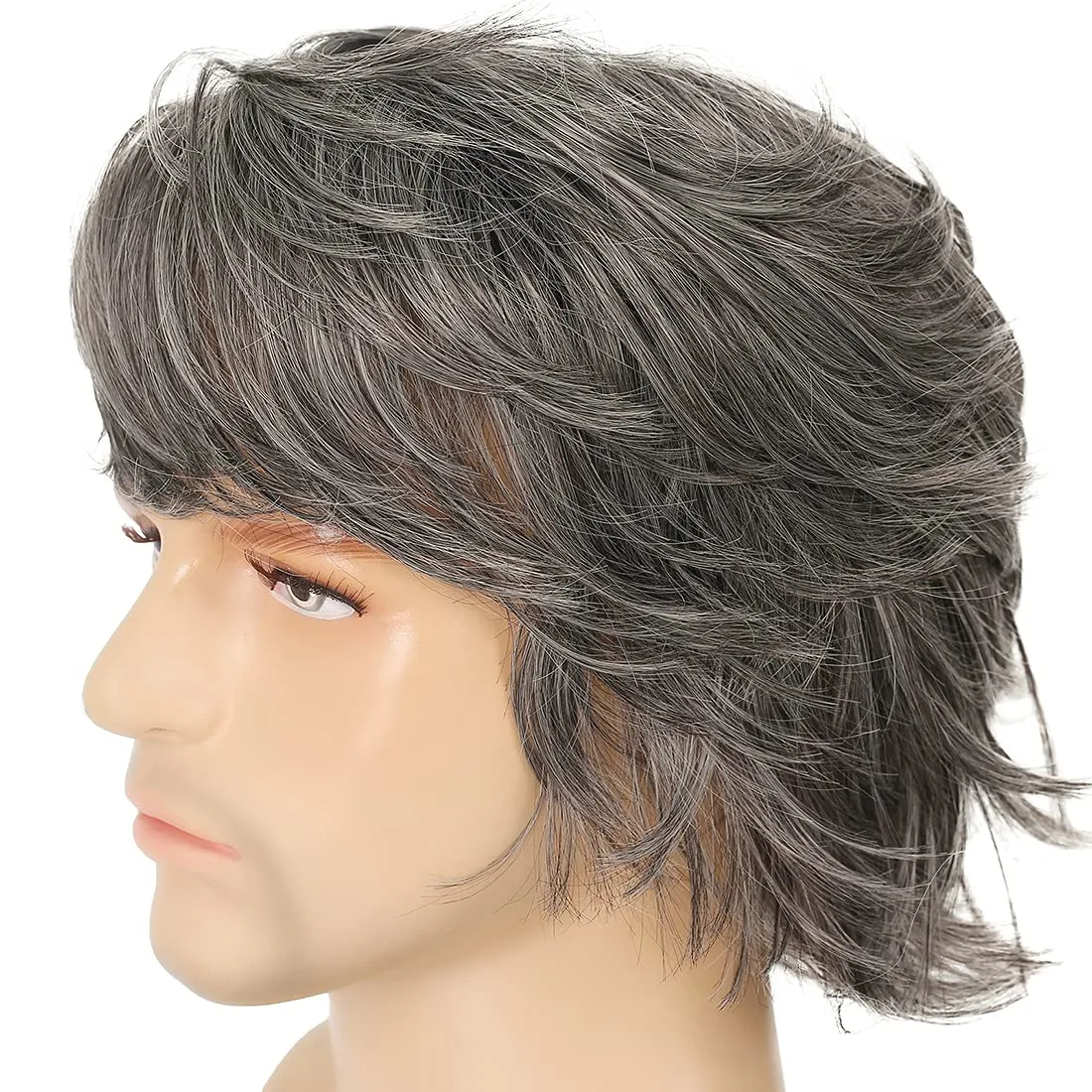 Mens Grey Wig - Short Layered Natural Fluffy Synthetic Heat Resistant Halloween Cosplay Hair