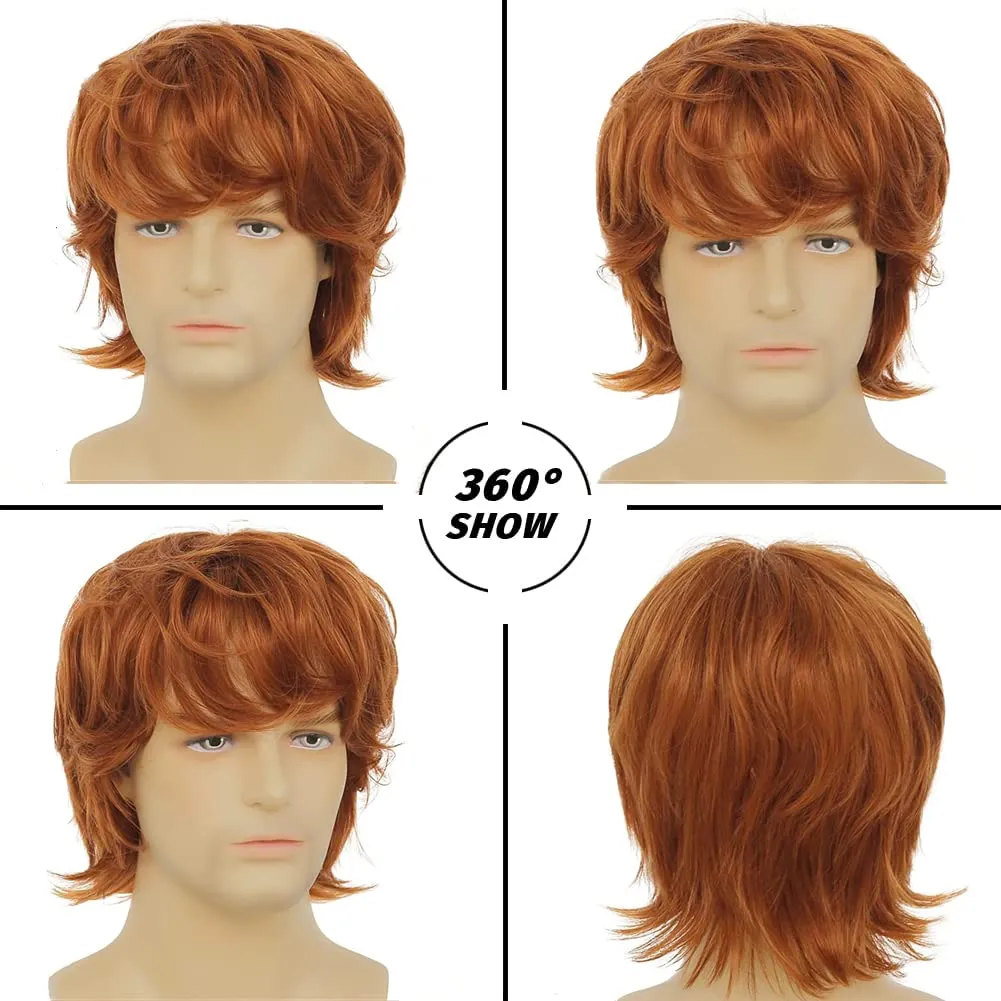 Mens Orange Wig Short Layered Fluffy Natural Wig Synthetic Heat Resistant Halloween Cosplay Wig for Males