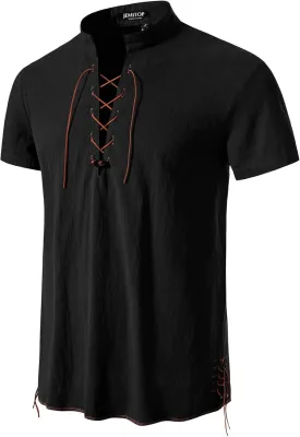 Men's Pure Cotton Vintage Short Sleeve Lace Up Shirts for Renaissance Pirate Viking Medieval Costume