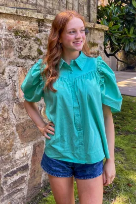 Puff Sleeve Button Down Top-Emerald
