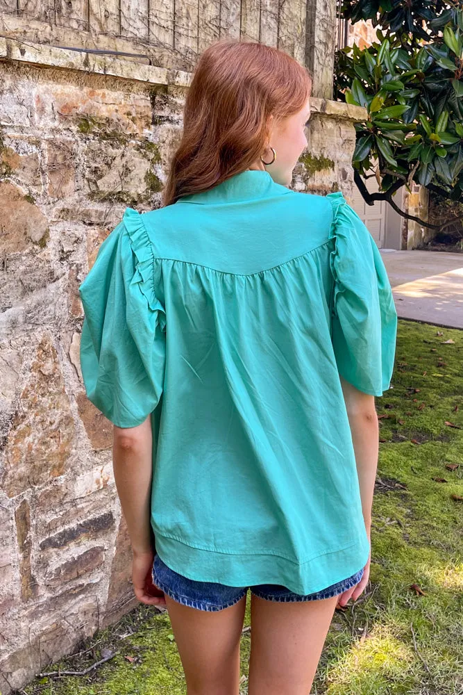 Puff Sleeve Button Down Top-Emerald