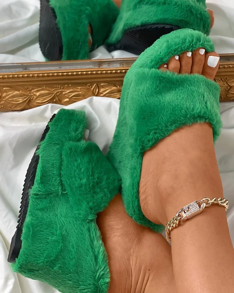 Round Toe Fluffy Wedge Slippers