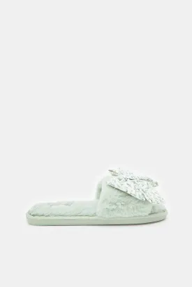 Women Green Bow Trim Slipper